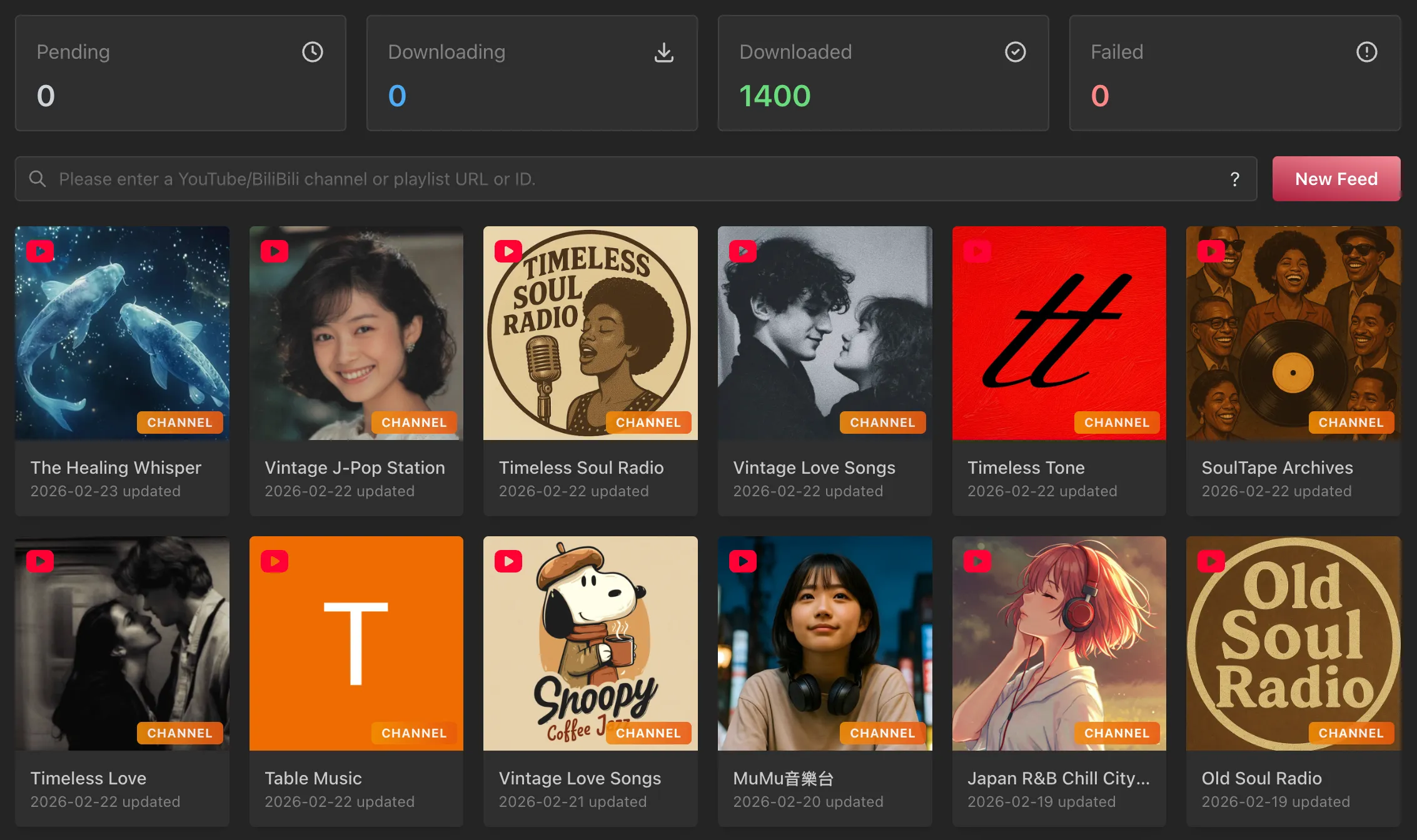 PigeonPod dashboard screenshot showing feed cards and sync status